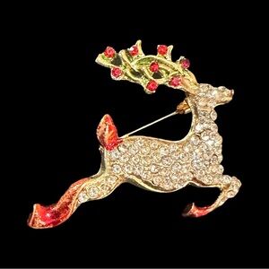Elegant Rhinestone Reindeer Brooch with Red and Gold Accents
